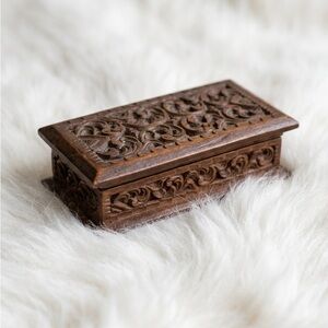 Vintage | Intricately Carved Wooden Jewelry Box w/ Mirror & Crushed Red Velvet